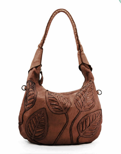 Braun FLORI HOBO● Damen Schultertasche aus italienischem Leder mit aufgenähtem Blumenmotiv. Sacktaschen.com