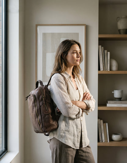 PORTICI● Leder Laptop City Rucksack Vintage für Damen und Herren mit Reißverschlusstaschen Sacktaschen.com