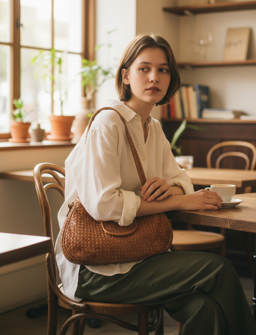 Hochwertige Ledertasche aus der Toskana, dekorativ auf einem Cafétisch platziert, unterstreicht den luxuriösen und natürlichen Vintage-Stil.