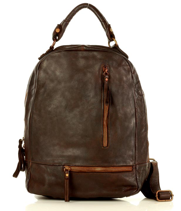 Italienischer Echtleder-Rucksack SICILLA in Dunkelbraun, nachhaltiger City-Rucksack aus pflanzlich gegerbtem Rindleder im rustikalen Vintage-Stil.