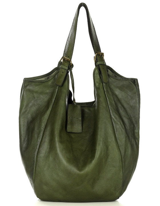 HOBO● Große Damen Beuteltasche Aus italienischem Leder. Zwei-Kammer-Beutel Grün