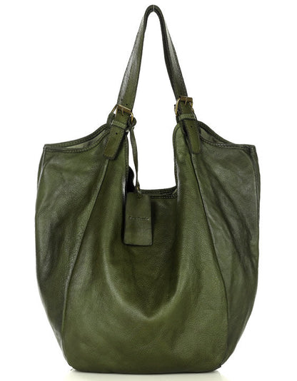 HOBO● Große Damen Beuteltasche Aus italienischem Leder. Zwei-Kammer-Beutel Grün