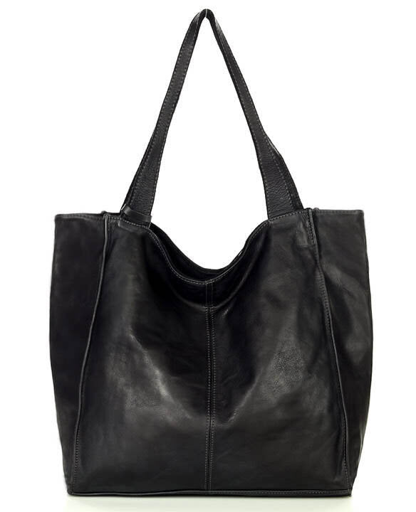 Elegante XL Hobo-Shopper-Tasche für Damen aus weichem italienischem Leder in Schwarz mit sicherem Reißverschluss, Produktfoto von vorne.