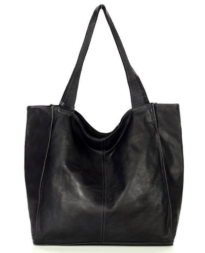 Elegante XL Hobo-Shopper-Tasche für Damen aus weichem italienischem Leder in Schwarz mit sicherem Reißverschluss, Produktfoto von vorne.