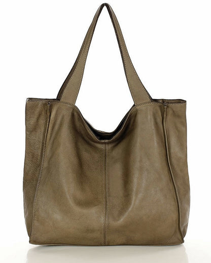 Moderne Leder-Handtasche im Hobo-Chic in der Trendfarbe Taupe-Beige aus softem Rindsleder für das perfekte Business-Outfit.
