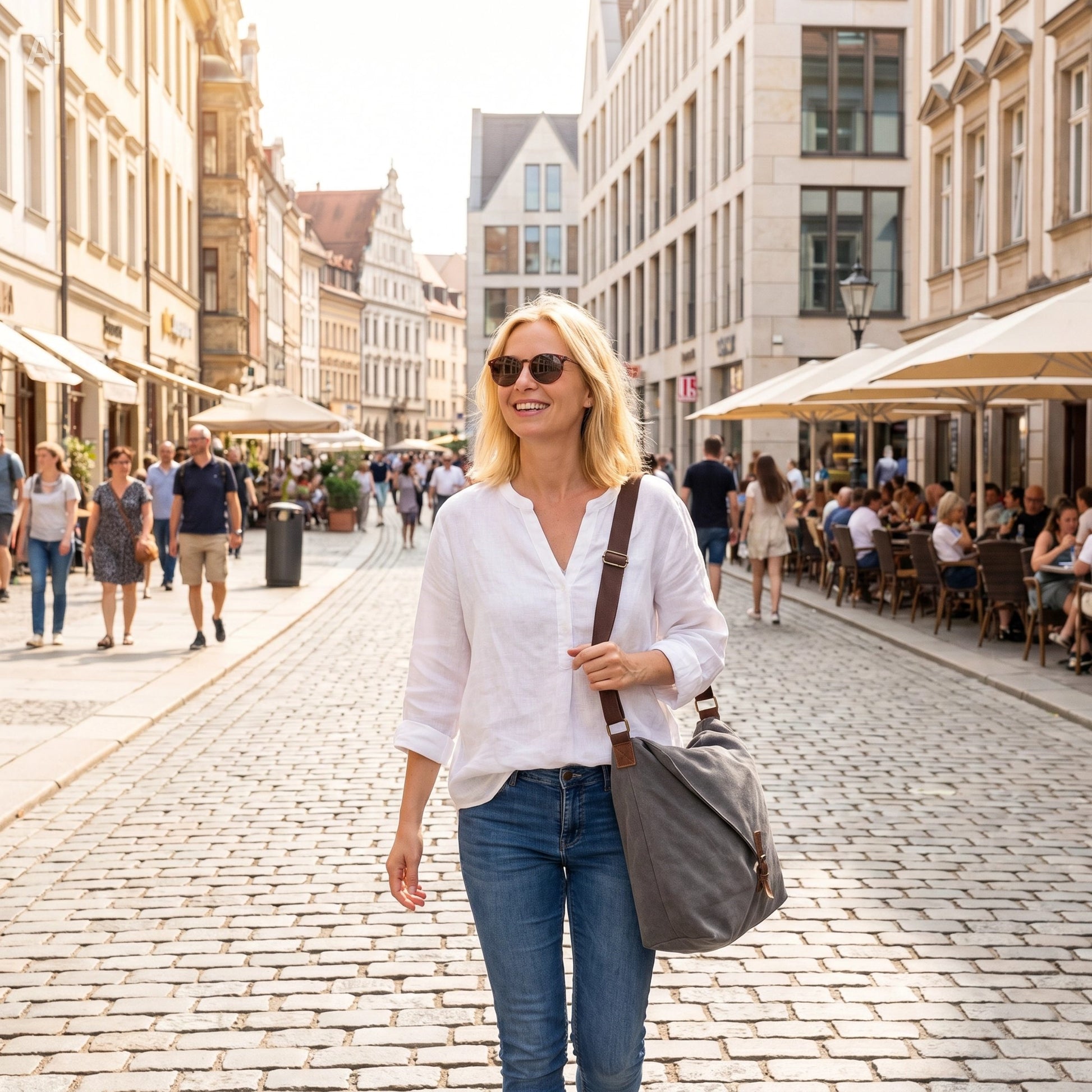 TRIAN VINTAGE™ Damen Schultertasche aus Segeltuch mit Leder Sacktaschen.com