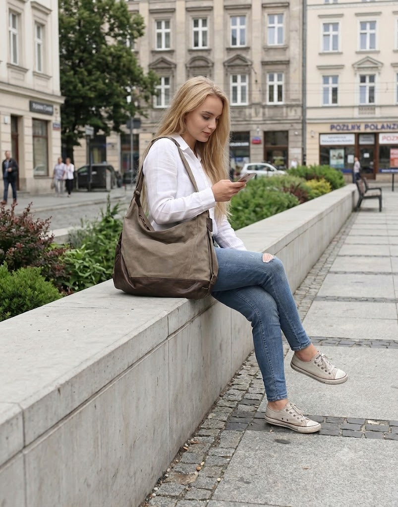 Moderne Frau sitzt mit der khakibraunen Hobo Bag aus Segeltuch auf einer Steinstufe in der Stadt und nutzt ihr Smartphone im Freizeitlook.