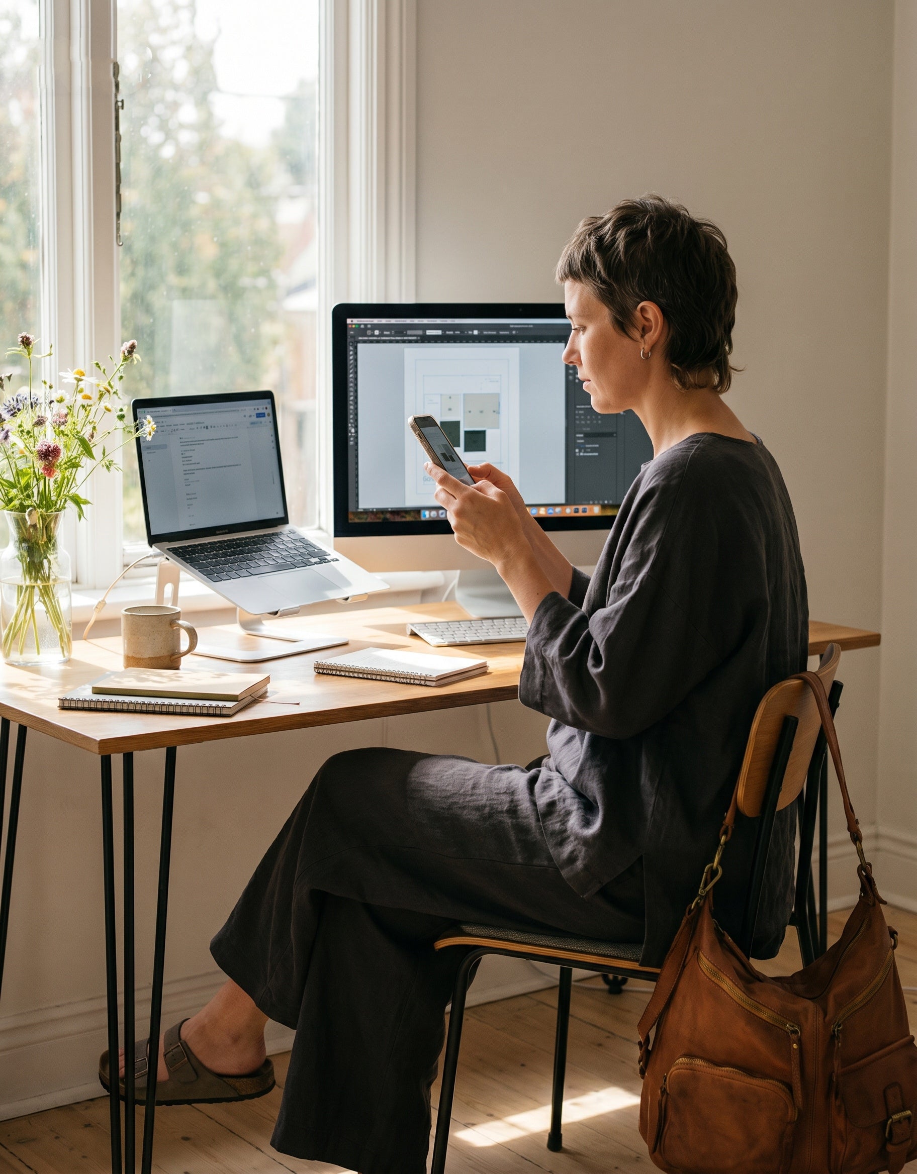 Professionelle Arbeitstasche Damen aus Leder im Büro-Alltag getragen von einer Frau im eleganten Business-Look passend für A4