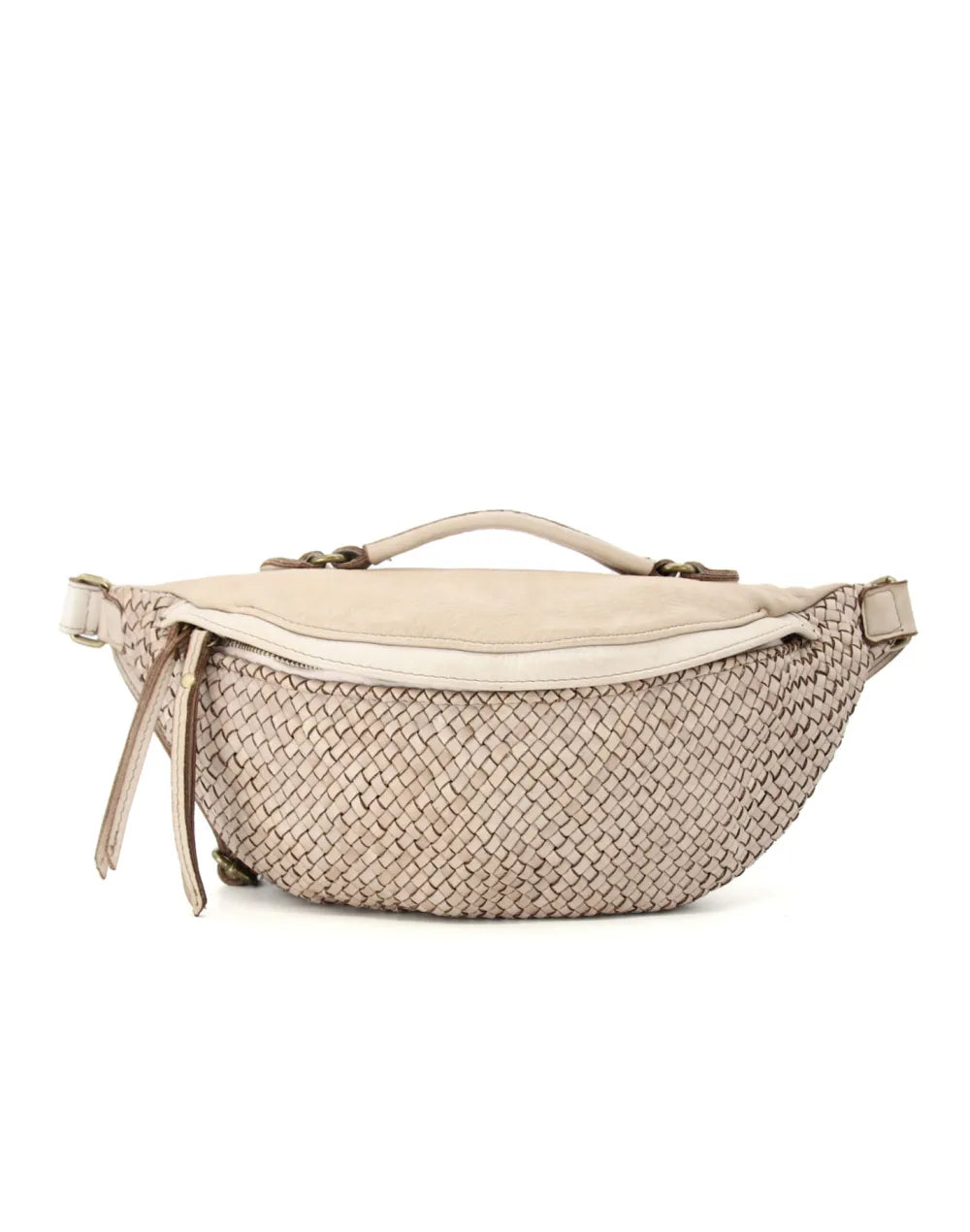 Luxuriöse Leder-Bauchtasche in softem Beige aus samtweichem italienischen Kalbsleder, puristische Premium-Gürteltasche ideal für helle, exklusive Sommer-Outfits.