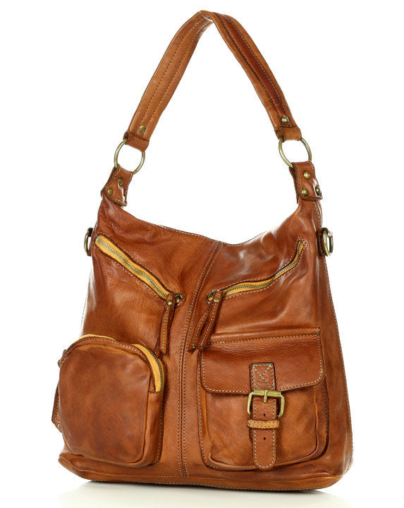 Vintage Schultertasche beuteltasche Leder Damen cognac braun mit abnehmbarem Gurt und praktischer Inneneinteilung