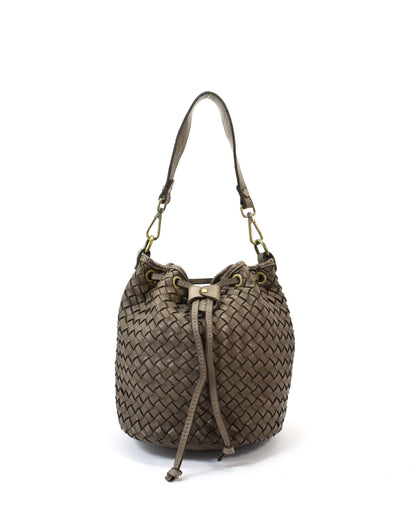 Kleine Leder Eimertasche Damen im modernen Farbton Beige-Taupe aus softem Echtleder – ideal für minimalistische Earth-Tone-Styles