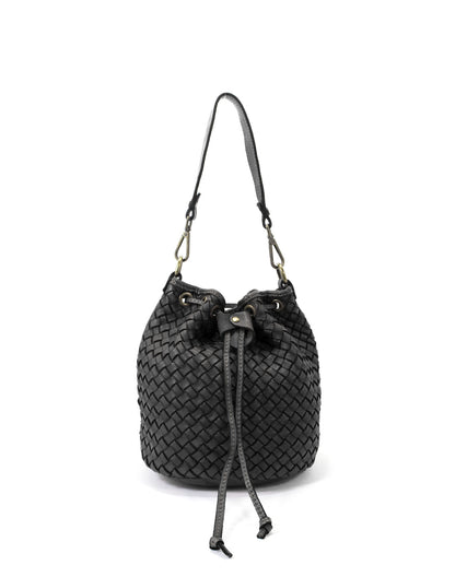 Kleine Leder Eimertasche Damen in Schwarz aus geflochtenem Echtleder mit Magnetverschluss für elegante Business-Casual-Looks