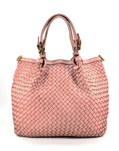 Pinkfarbene geflochtene Lederhandtasche für Damen. Handtasche und Umhängetasche aus geflochtenem italienische Leder