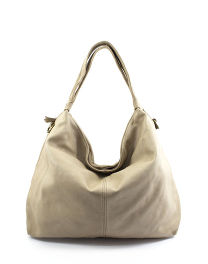 Leder Hobo Bag Damen Beuteltasche Calcione in Beige, stilvolle Handtasche aus echtem Leder im minimalistischen Stil