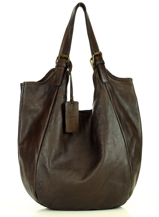 HOBO● Large ladies pouch bag made from Italian leather. Two-compartment bag coffee