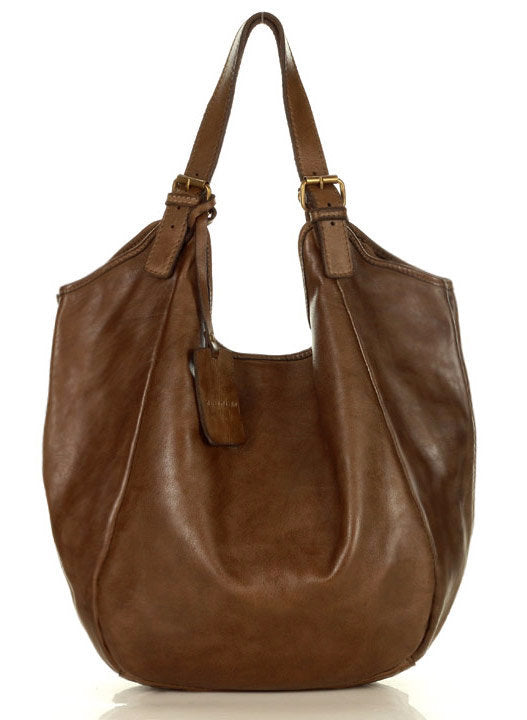 HOBO● Large ladies pouch bag made from Italian leather. Two-compartment bag brown