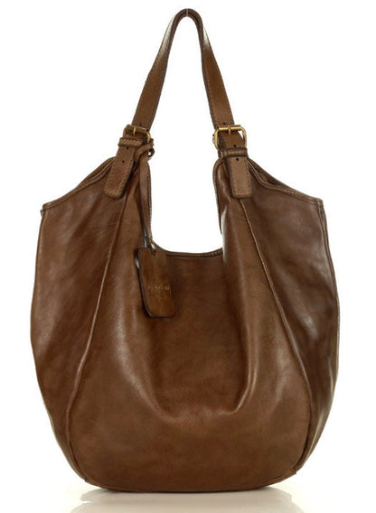 HOBO● Large ladies pouch bag made from Italian leather. Two-compartment bag brown