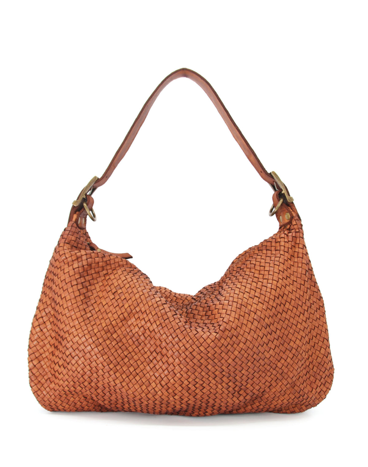Rückansicht der großen Hobo-Tasche für Damen aus geflochtenem italienischem Kalbsleder in cognac braun
