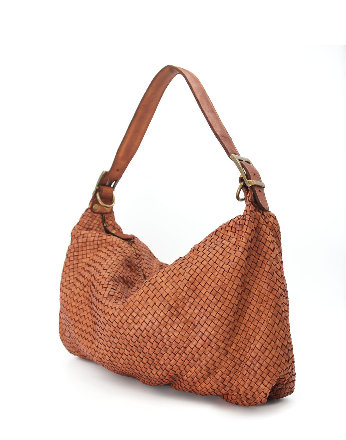 MONERA HOBO XL große Hobo-Tasche für Damen aus geflochtenem Kalbsleder in Cognac