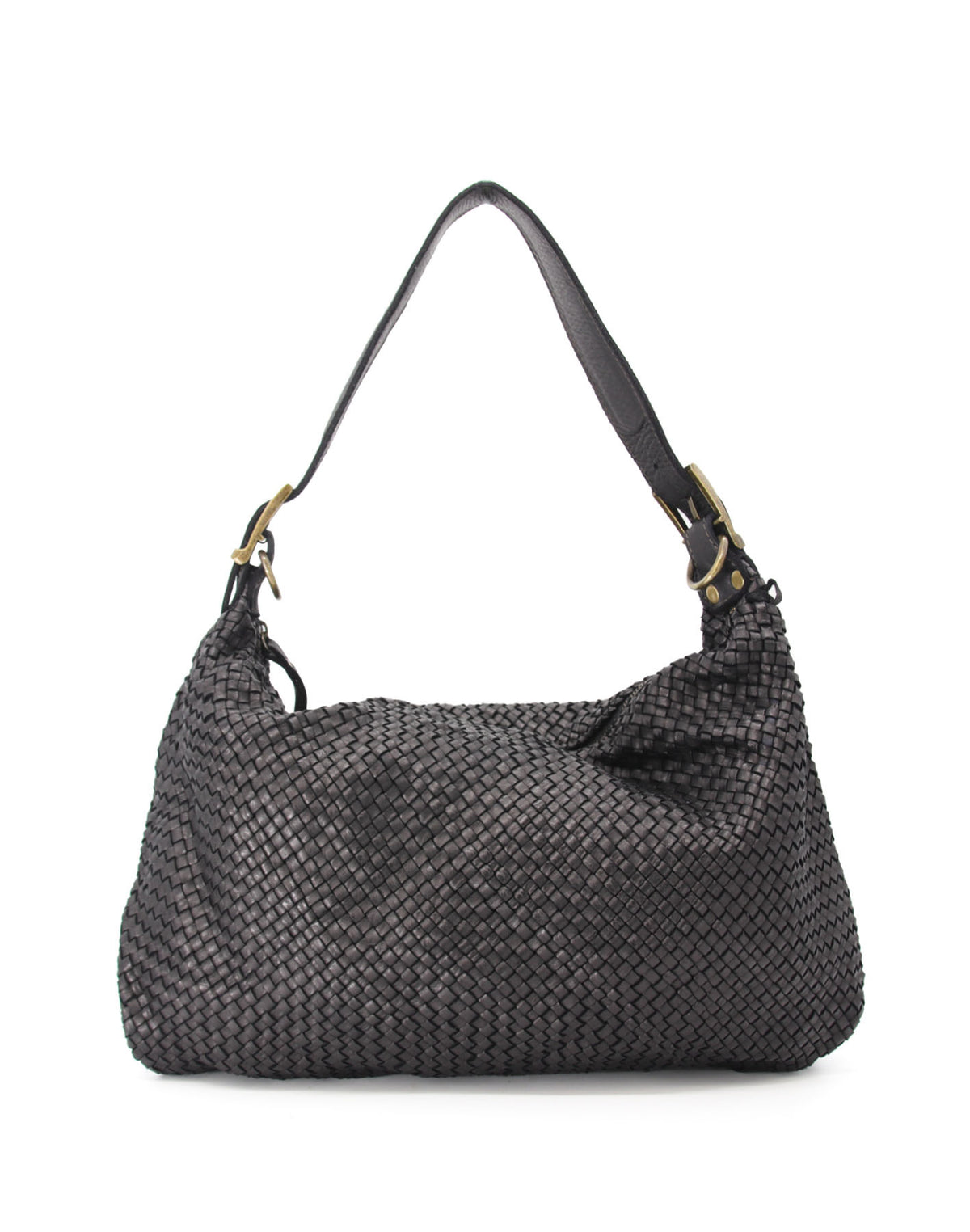 Große Damen-Schultertasche MONERA HOBO XL aus geflochtenem Echtleder in schwarz