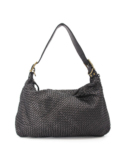 Große Damen-Schultertasche MONERA HOBO XL aus geflochtenem Echtleder in schwarz