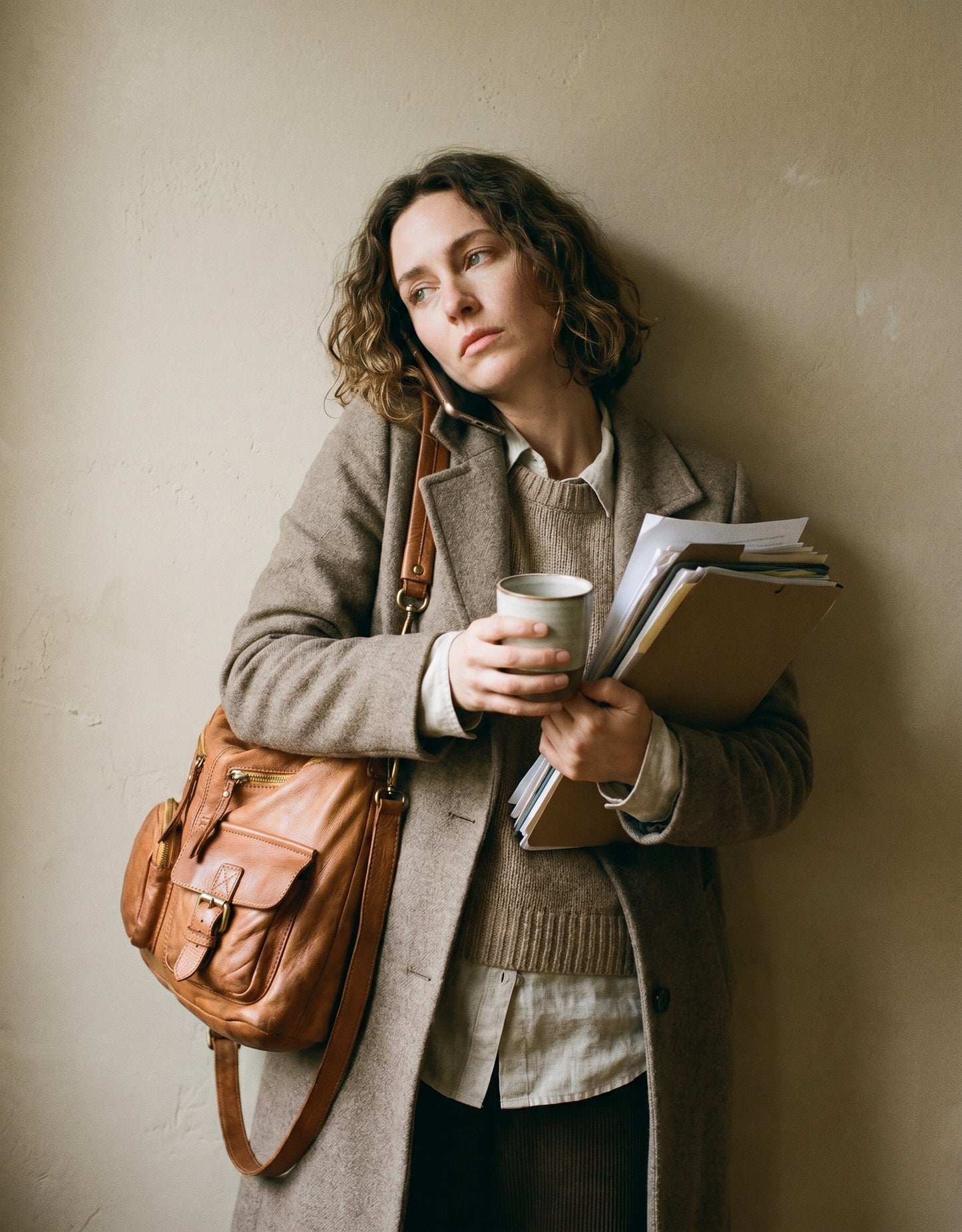 Elegante Frau wechselt mühelos vom Büro zum After-Work-Event mit der zeitlosen Leder Schultertasche als perfektem Begleiter