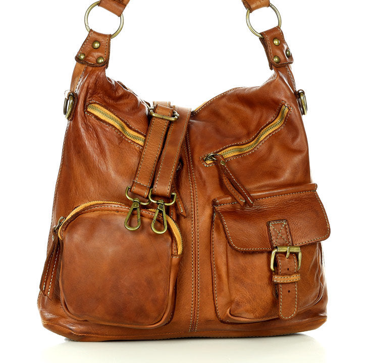 Moderne Beuteltasche Damen cognac braun Leder zeitloses Design handgearbeitet aus italienischem Echtleder