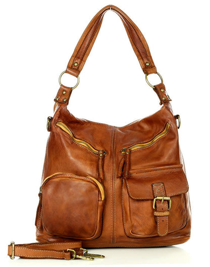 Hochwertige Leder Schultertasche Damen coignac bvraun aus weichem Echtleder Modell GARDA mit Reißverschluss Frontansicht