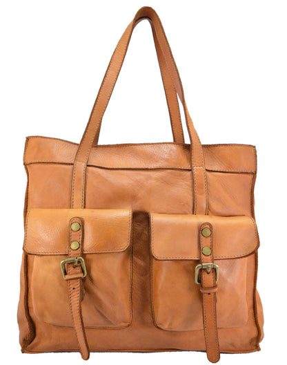 Eleganter Leder Shopper Damen in Cognac Braun aus italienischem Echtleder, Frontansicht mit Fokus auf die vegetabile Gerbung und das minimalistische Design