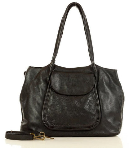 Leder Shopper Damen Schwarz aus italienischem Echtleder Schultertasche mit Reißverschluss