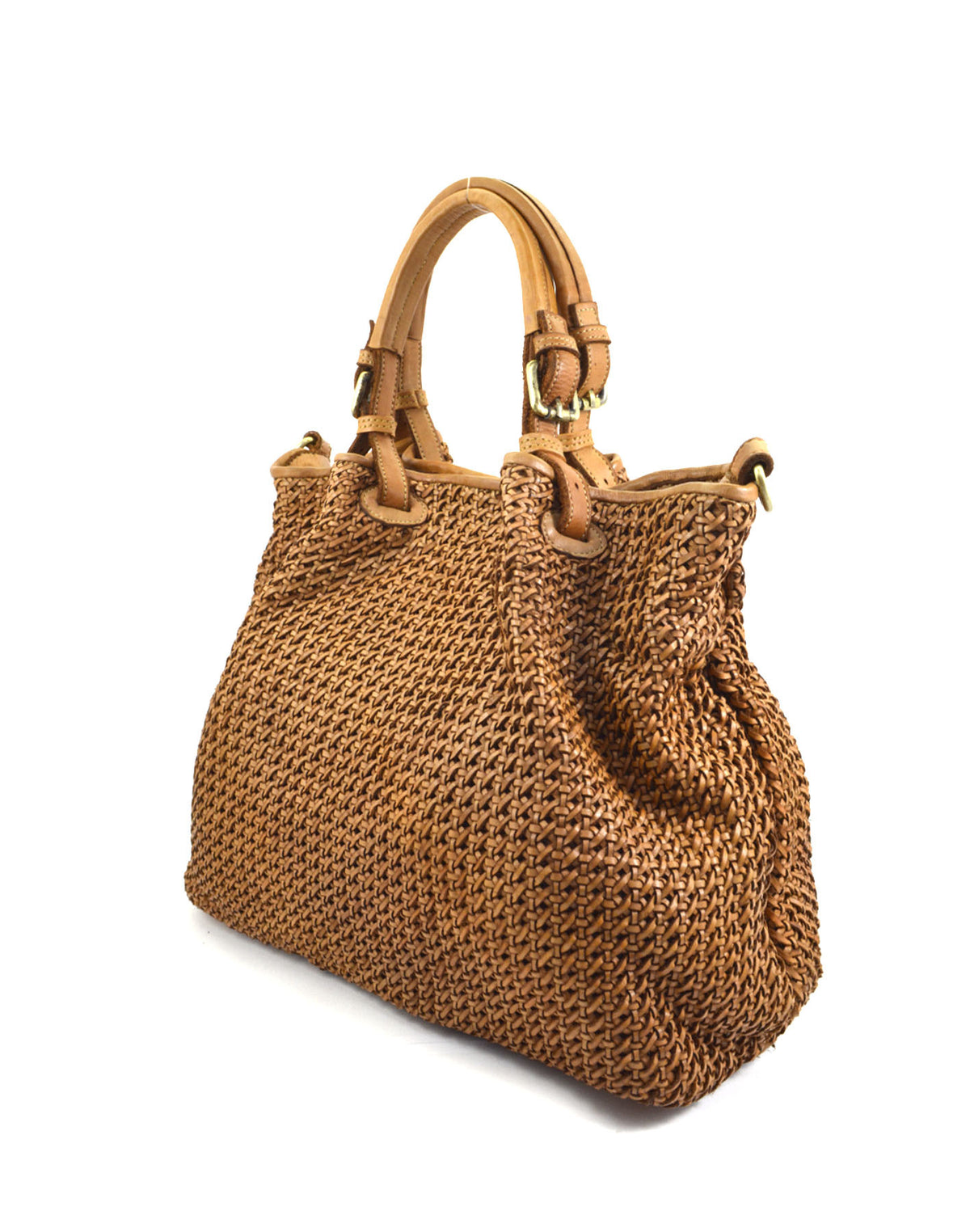Große Lederhandtasche in Cognac mit geflochtener Oberfläche