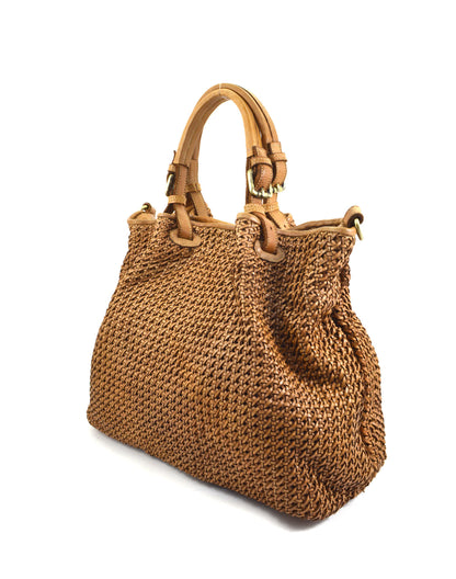Große Lederhandtasche in Cognac mit geflochtener Oberfläche