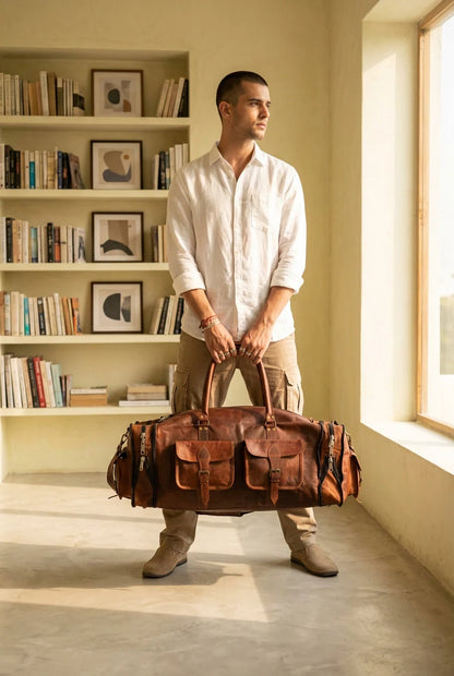 Mann mit einer großen handgefertigten braunen Lederreisetasche im Vintage-Stil