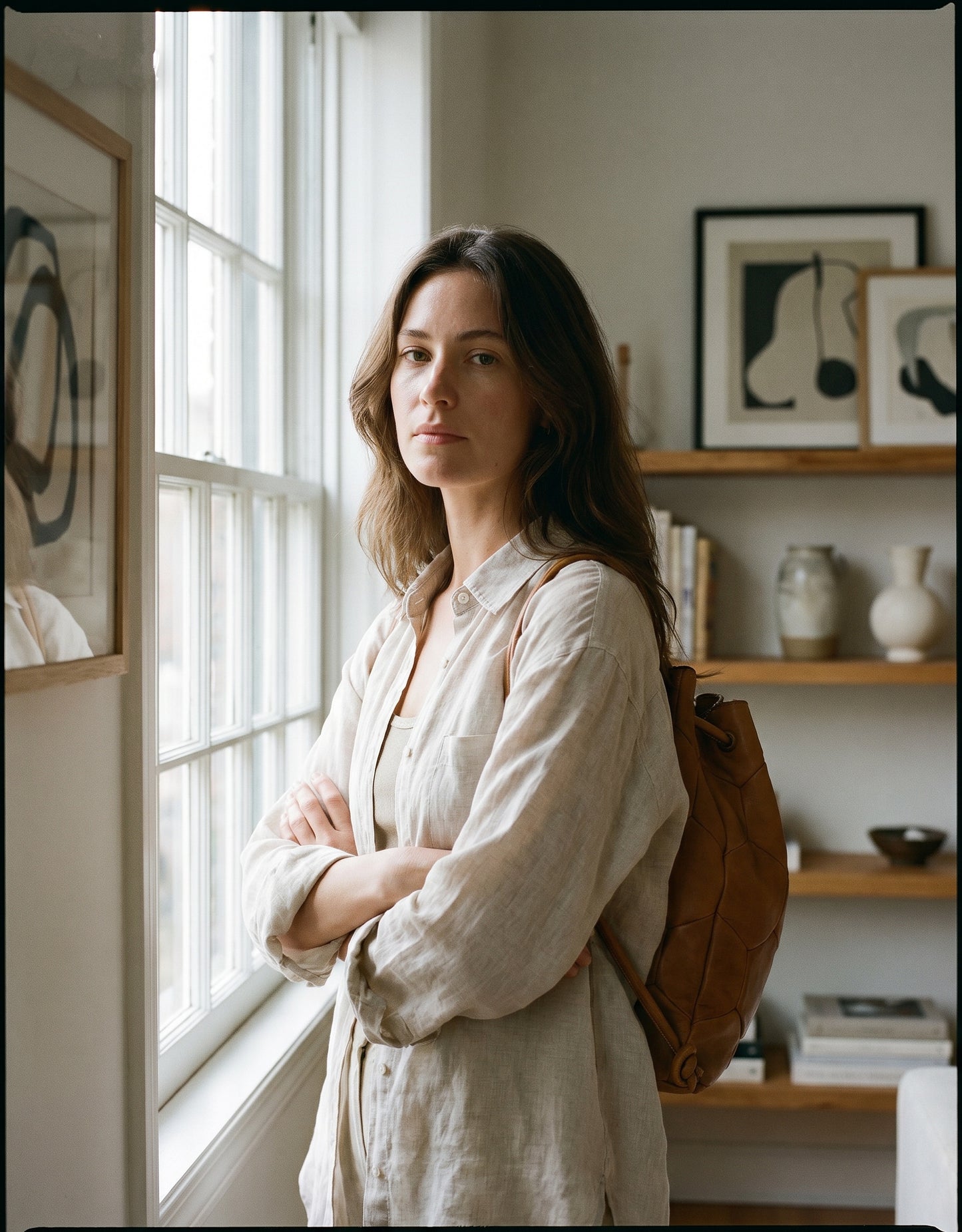 Moderner Kontrast: BARTINESSA Lederrucksack Damen in cognac getragen vor einer minimalistischen Glasfassade in der Großstadt.