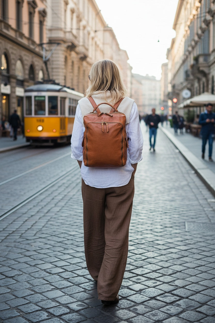 Der hochwertige Lederrucksack Damen in Cognac steht elegant neben einem Laptop auf einem modernen Schreibtisch im hellen Großraumbüro und unterstreicht den professionellen Business-Look
