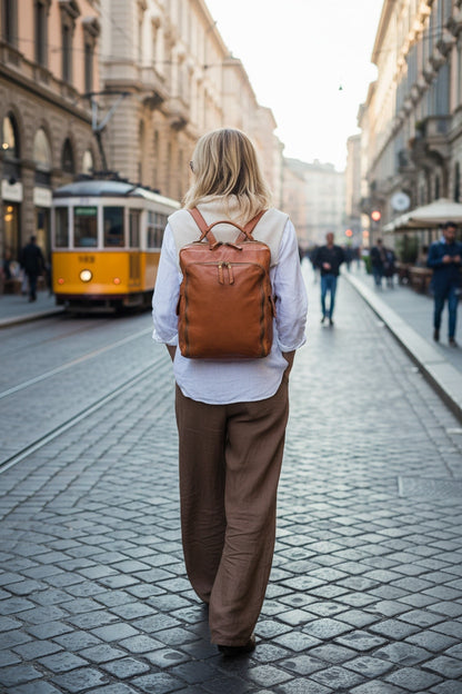 Der hochwertige Lederrucksack Damen in Cognac steht elegant neben einem Laptop auf einem modernen Schreibtisch im hellen Großraumbüro und unterstreicht den professionellen Business-Look
