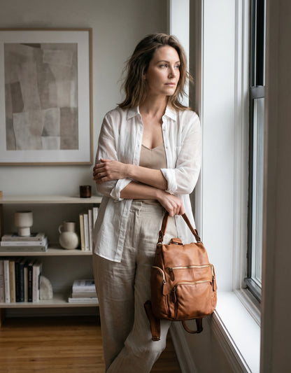 Der mittelgroße Lederrucksack Damen in Cognac steht auf einer stilvollen Fensterbank, während das natürliche Tageslicht durch das Fenster fällt und die Patina sowie die handgefertigte Optik des Echtleders betont.