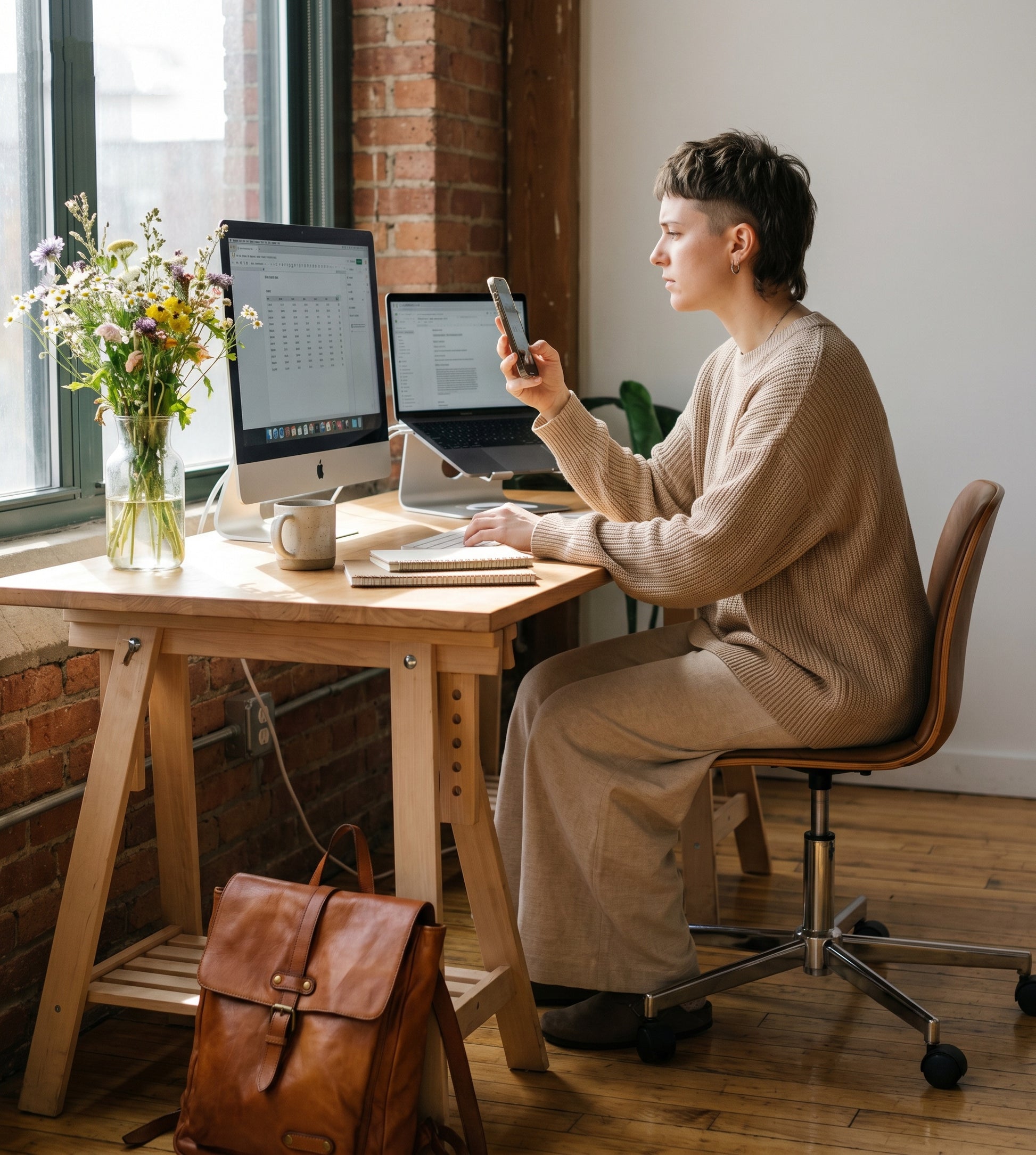 Stilvoller Vintage Lederrucksack Damen kombiniert mit Casual Outfit – perfekter Alltagsrucksack für Stadt und Arbeit