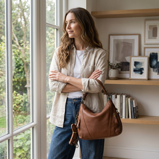 Eine modebewusste junge Frau in eleganter Kleidung steht im Büro am Fenster und hält eine cognac-braun Leder-Umhängetasche in der Hand