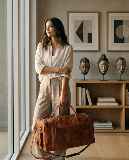Stilvolles Lifestyle-Foto im minimalistischen Schlafzimmer: Eine Dame legt ihre edle braune Naturleder-Reistasche auf das Bett, um ihre Garderobe im puristischen XL-Innenraum ohne Futter perfekt für die nächste Reise zu organisieren.