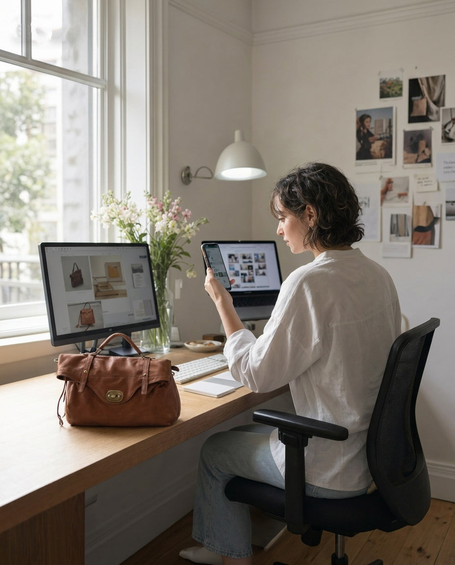 Business-Lifestyle-Bild: Der moderne Rucksack MATTINO aus braunem Leder steht lässig neben einem Büro-Arbeitsplatz mit Planer und Kaffeebecher im modernen Arbeitsalltag.