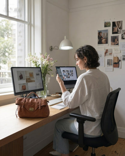 Business-Lifestyle-Bild: Der moderne Rucksack MATTINO aus braunem Leder steht lässig neben einem Büro-Arbeitsplatz mit Planer und Kaffeebecher im modernen Arbeitsalltag.