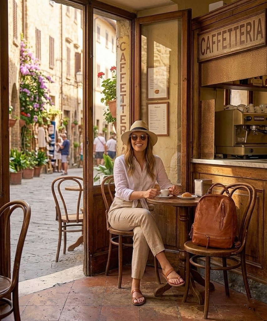 Eine lächelnde Frau genießt die Sonne auf einer Café-Terrasse in der Stadt, der cognac braun Rucksack SICILLA aus echtem Rindleder hängt elegant über der Stuhllehne.