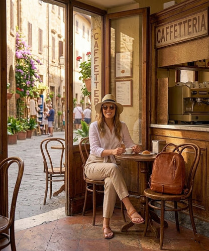 Eine lächelnde Frau genießt die Sonne auf einer Café-Terrasse in der Stadt, der cognac braun Rucksack SICILLA aus echtem Rindleder hängt elegant über der Stuhllehne.