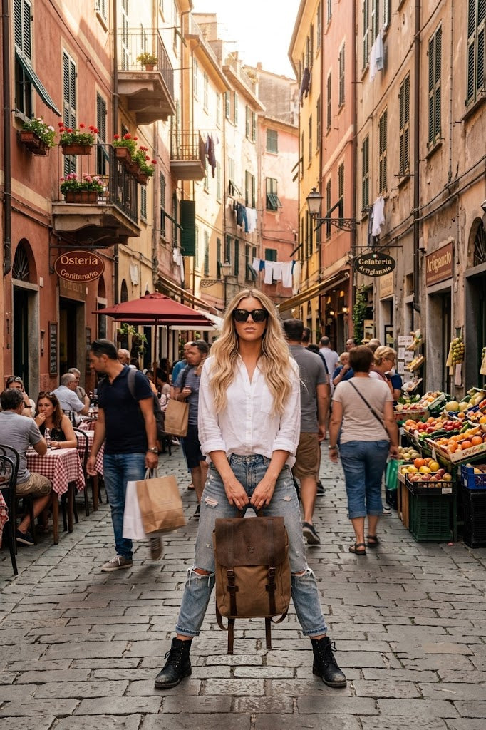 Eine junge Frau im Boho-Stil steht mitten in einer alten italienischen Gasse und hält einen khakifarbenen Rucksack aus Canvas und Echtleder vor sich