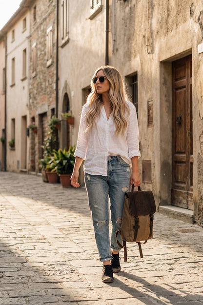 Eine junge Frau im Boho-Stil geht am Morgen durch eine kleine italienische Gasse und trägt einen khakifarbenen Vintage Rucksack aus Canvas und Leder in der Hand