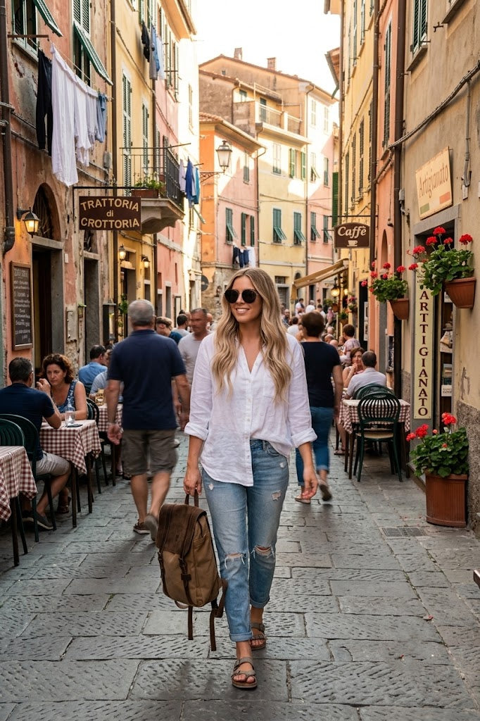 Eine junge Frau geht durch eine belebte italienische Gasse und trägt einen  Vintage-Rucksack aus Canvas und Leder in der Hand