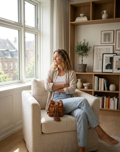 Eine elegante Frau sitzt entspannt in einem modernen Sessel, während die edle Leder Eimertasche Damen aus cognac braun Echtleder dekorativ neben ihr platziert ist