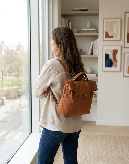 Großer Vintage Lederrucksack in Cognac-Braun für Damen und Herren aus italienischem Echtleder, Vorderansicht auf weißem Hintergrund .