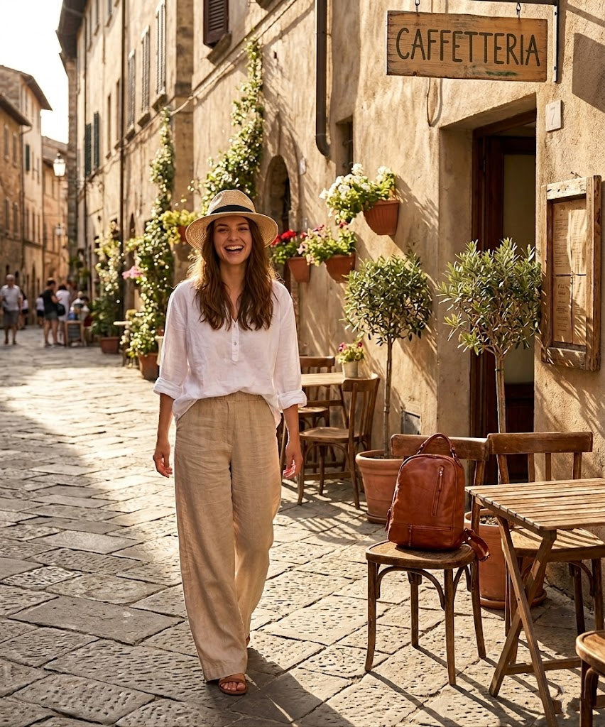Eine Frau mit cognac braun City Rucksack SICILLA aus echtem Rindleder hängt elegant über der Stuhllehne.
